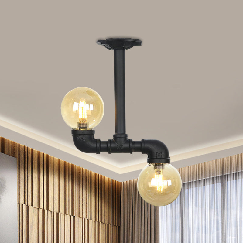 2-Head Semi-Flush Ceiling Fixture Industrial Ball Amber Glass Flush Mount Lighting in Black Clearhalo 'Ceiling Lights' 'Close To Ceiling Lights' 'Close to ceiling' 'Glass shade' 'Glass' 'Semi-flushmount' Lighting' 756691
