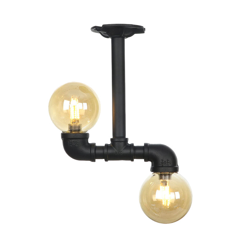 2-Head Semi-Flush Ceiling Fixture Industrial Ball Amber Glass Flush Mount Lighting in Black Clearhalo 'Ceiling Lights' 'Close To Ceiling Lights' 'Close to ceiling' 'Glass shade' 'Glass' 'Semi-flushmount' Lighting' 756692