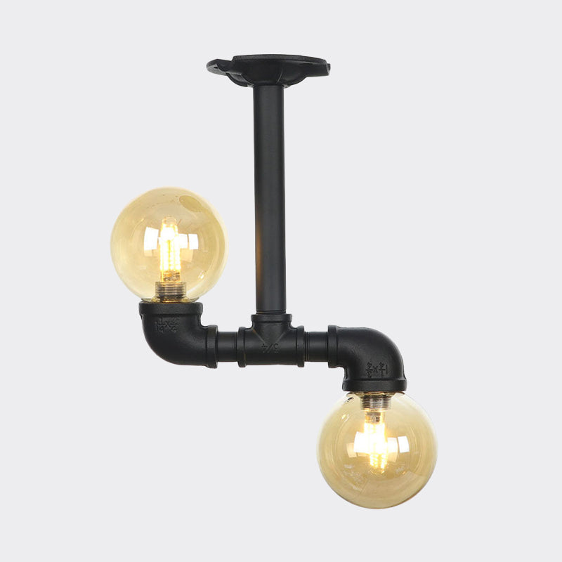 2-Head Semi-Flush Ceiling Fixture Industrial Ball Amber Glass Flush Mount Lighting in Black Clearhalo 'Ceiling Lights' 'Close To Ceiling Lights' 'Close to ceiling' 'Glass shade' 'Glass' 'Semi-flushmount' Lighting' 756693
