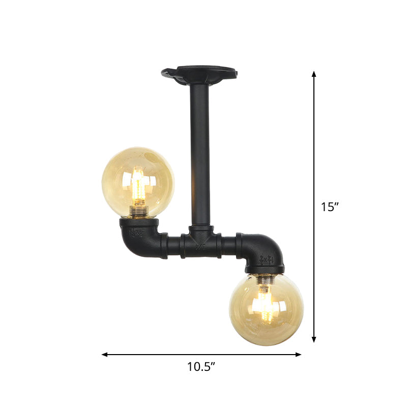 2-Head Semi-Flush Ceiling Fixture Industrial Ball Amber Glass Flush Mount Lighting in Black Clearhalo 'Ceiling Lights' 'Close To Ceiling Lights' 'Close to ceiling' 'Glass shade' 'Glass' 'Semi-flushmount' Lighting' 756694