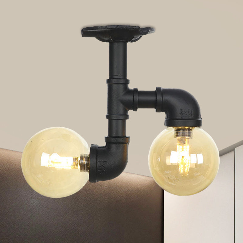 2-Head Semi-Flush Ceiling Fixture Industrial Ball Amber Glass Flush Mount Lighting in Black Black C Clearhalo 'Ceiling Lights' 'Close To Ceiling Lights' 'Close to ceiling' 'Glass shade' 'Glass' 'Semi-flushmount' Lighting' 756695