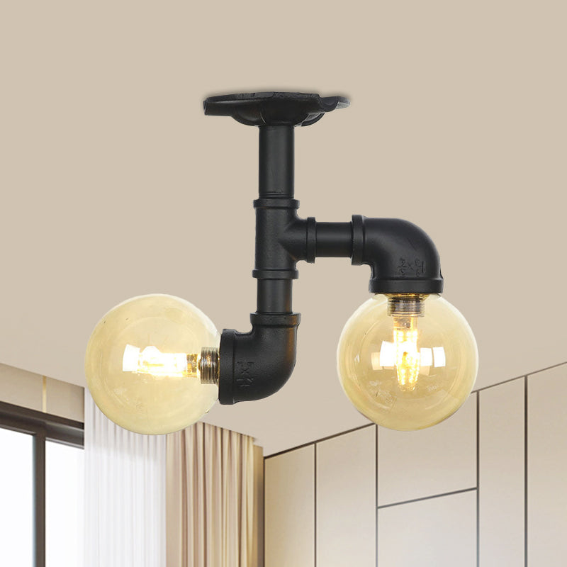 2-Head Semi-Flush Ceiling Fixture Industrial Ball Amber Glass Flush Mount Lighting in Black Clearhalo 'Ceiling Lights' 'Close To Ceiling Lights' 'Close to ceiling' 'Glass shade' 'Glass' 'Semi-flushmount' Lighting' 756696