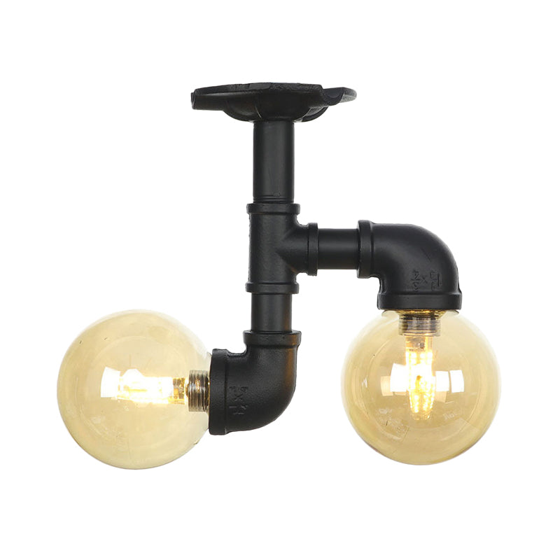 2-Head Semi-Flush Ceiling Fixture Industrial Ball Amber Glass Flush Mount Lighting in Black Clearhalo 'Ceiling Lights' 'Close To Ceiling Lights' 'Close to ceiling' 'Glass shade' 'Glass' 'Semi-flushmount' Lighting' 756697