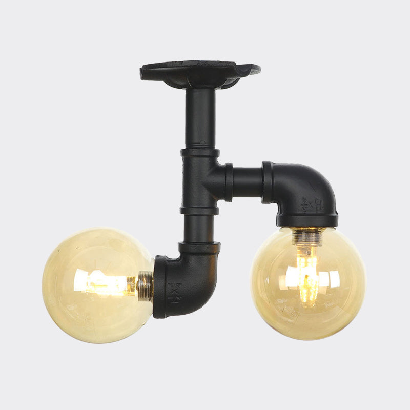 2-Head Semi-Flush Ceiling Fixture Industrial Ball Amber Glass Flush Mount Lighting in Black Clearhalo 'Ceiling Lights' 'Close To Ceiling Lights' 'Close to ceiling' 'Glass shade' 'Glass' 'Semi-flushmount' Lighting' 756698