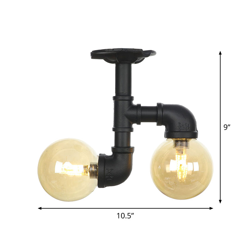2-Head Semi-Flush Ceiling Fixture Industrial Ball Amber Glass Flush Mount Lighting in Black Clearhalo 'Ceiling Lights' 'Close To Ceiling Lights' 'Close to ceiling' 'Glass shade' 'Glass' 'Semi-flushmount' Lighting' 756699