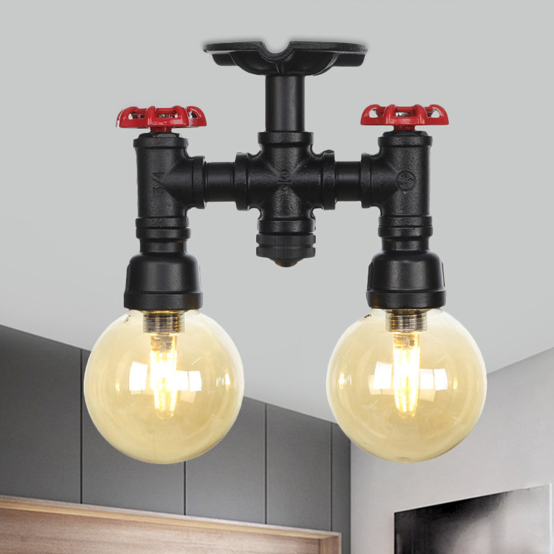 2-Head Semi-Flush Ceiling Fixture Industrial Ball Amber Glass Flush Mount Lighting in Black Black D Clearhalo 'Ceiling Lights' 'Close To Ceiling Lights' 'Close to ceiling' 'Glass shade' 'Glass' 'Semi-flushmount' Lighting' 756700