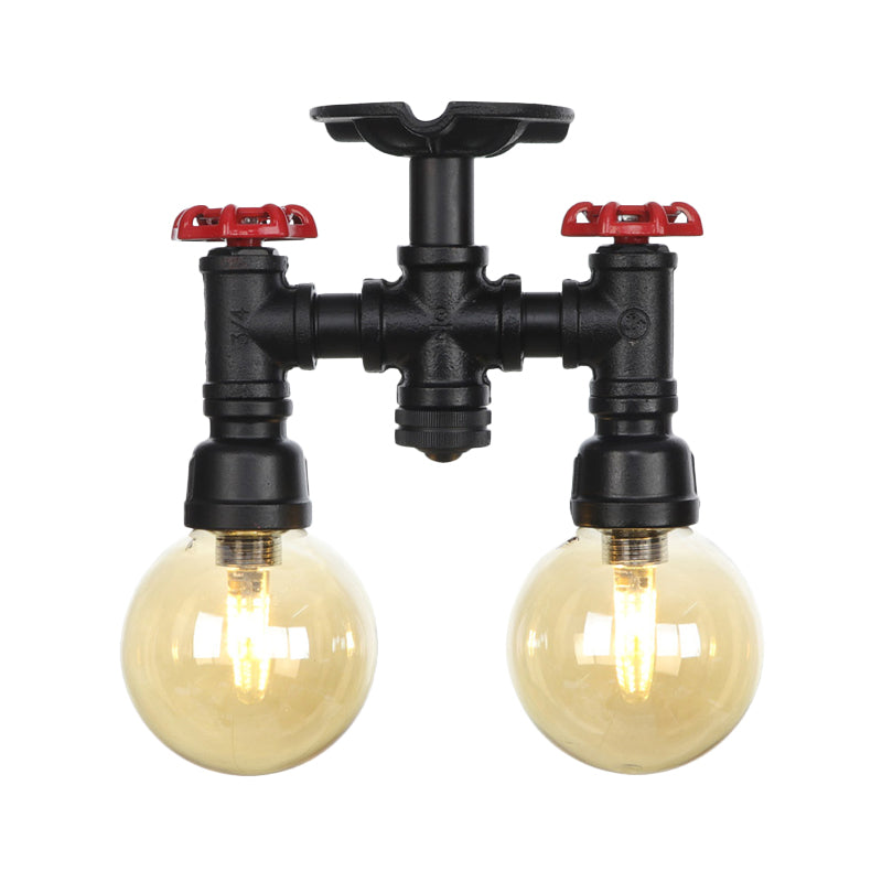 2-Head Semi-Flush Ceiling Fixture Industrial Ball Amber Glass Flush Mount Lighting in Black Clearhalo 'Ceiling Lights' 'Close To Ceiling Lights' 'Close to ceiling' 'Glass shade' 'Glass' 'Semi-flushmount' Lighting' 756702