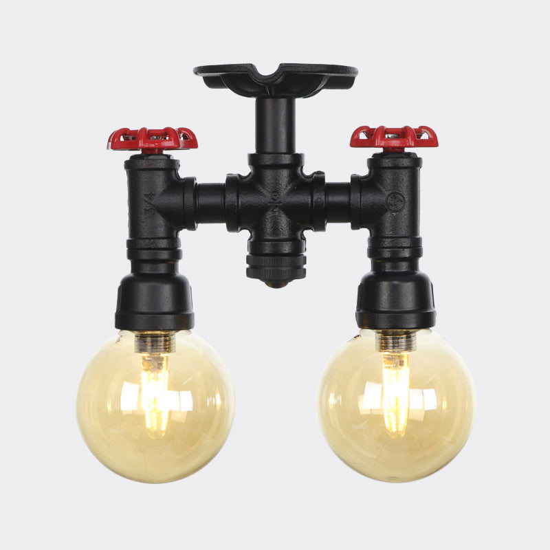 2-Head Semi-Flush Ceiling Fixture Industrial Ball Amber Glass Flush Mount Lighting in Black Clearhalo 'Ceiling Lights' 'Close To Ceiling Lights' 'Close to ceiling' 'Glass shade' 'Glass' 'Semi-flushmount' Lighting' 756703
