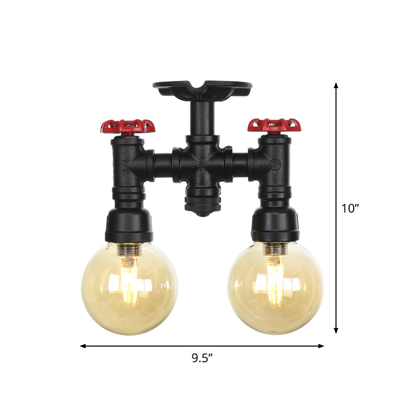 2-Head Semi-Flush Ceiling Fixture Industrial Ball Amber Glass Flush Mount Lighting in Black Clearhalo 'Ceiling Lights' 'Close To Ceiling Lights' 'Close to ceiling' 'Glass shade' 'Glass' 'Semi-flushmount' Lighting' 756704