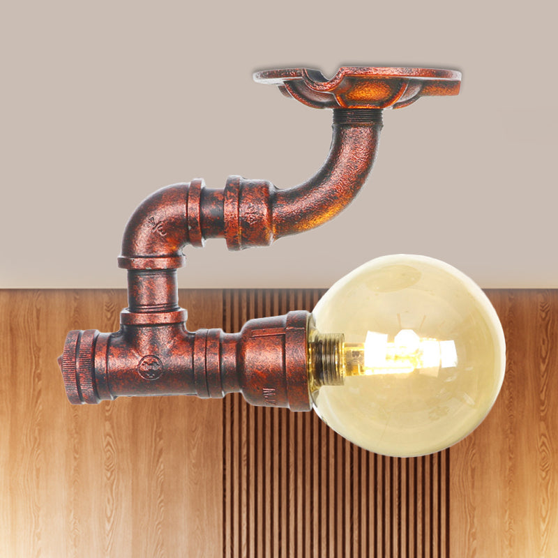 Antiqued Global Semi Flush Lighting 1 Bulb Amber Glass LED Close to Ceiling Lamp in Copper Copper B Clearhalo 'Ceiling Lights' 'Close To Ceiling Lights' 'Close to ceiling' 'Glass shade' 'Glass' 'Semi-flushmount' Lighting' 756747