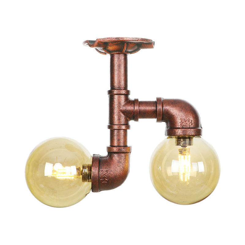 Orb Restaurant Semi Flush Light Fixture Rustic Amber Glass 2 Lights Copper Flush Lamp Clearhalo 'Ceiling Lights' 'Close To Ceiling Lights' 'Close to ceiling' 'Glass shade' 'Glass' 'Semi-flushmount' Lighting' 756811