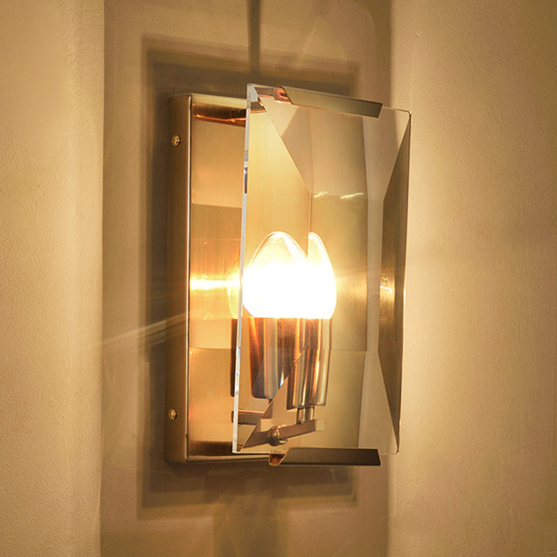 Mid Century Rectangle Wall Sconce 1-Light Metal Wall Mounted Fixture in Brass with Trapezoid Clear/Seedy Crystal Shield Clearhalo 'Cast Iron' 'Glass' 'Industrial' 'Modern wall lights' 'Modern' 'Tiffany' 'Traditional wall lights' 'Wall Lamps & Sconces' 'Wall Lights' Lighting' 756948