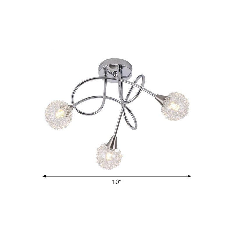 Ball Clear Glass Semi Flush Light Fixture Modern 3-Light Chrome Twist LED Flush Ceiling Lamp with Aluminum Silk Ball Shade Clearhalo 'Ceiling Lights' 'Close To Ceiling Lights' 'Close to ceiling' 'Glass shade' 'Glass' 'Semi-flushmount' Lighting' 757143