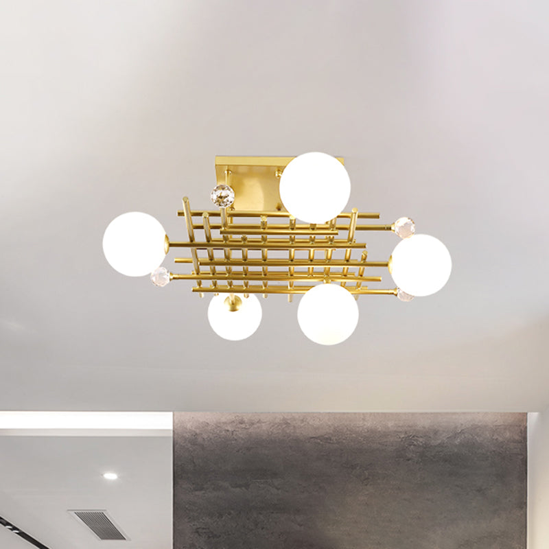 Crossing Linear Semi Flush Light Designer Metallic 5 Lights Brass Flush Mount Ceiling Lamp with Crystal Ball Deco Gold Clearhalo 'Ceiling Lights' 'Close To Ceiling Lights' 'Close to ceiling' 'Glass shade' 'Glass' 'Semi-flushmount' Lighting' 757168