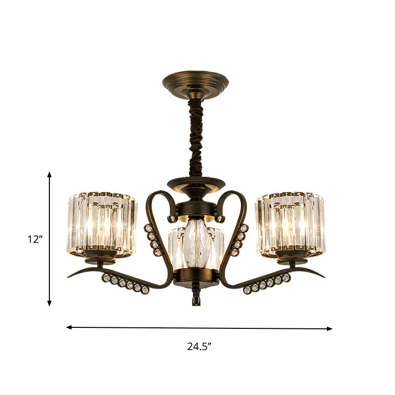 3/5 Heads Ceiling Chandelier Modernism Living Room Suspension Light with Cylinder Crystal Shade in Black Clearhalo 'Ceiling Lights' 'Chandeliers' 'Modern Chandeliers' 'Modern' Lighting' 757670