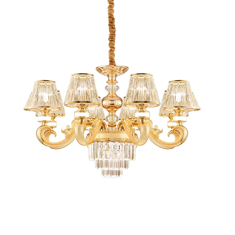 3-Tier Faceted Crystal Chandelier Lighting Modernism 6/8 Heads Living Room Hanging Lamp Kit in Gold with Conic Shade Clearhalo 'Ceiling Lights' 'Chandeliers' 'Modern Chandeliers' 'Modern' Lighting' 757707