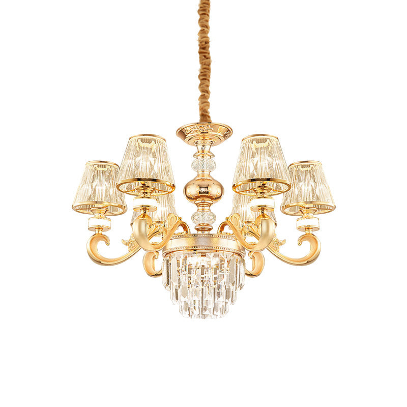 3-Tier Faceted Crystal Chandelier Lighting Modernism 6/8 Heads Living Room Hanging Lamp Kit in Gold with Conic Shade Clearhalo 'Ceiling Lights' 'Chandeliers' 'Modern Chandeliers' 'Modern' Lighting' 757712