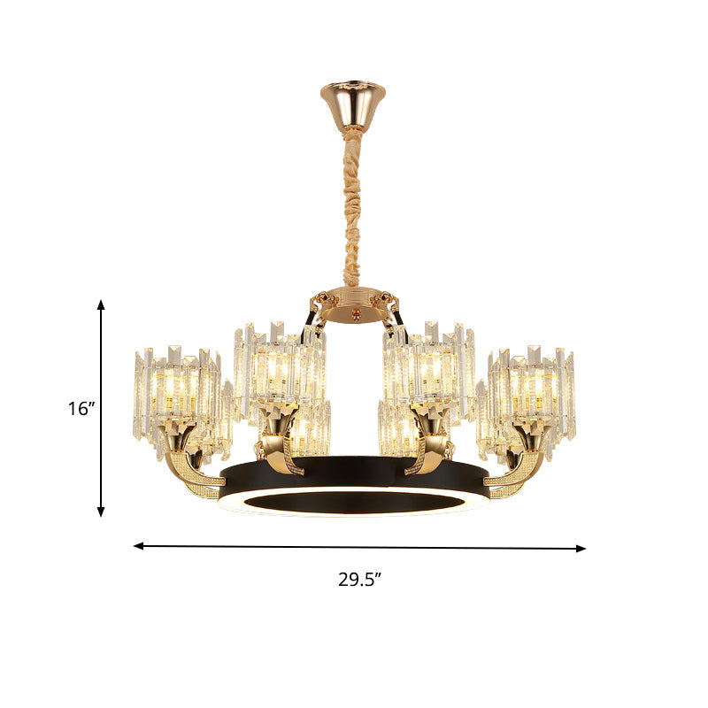 Metal Ring Hanging Chandelier Modern 6/8-Bulb Living Room Pendant Light Fixture in Black and Gold with Round Crystal Sade Clearhalo 'Ceiling Lights' 'Chandeliers' 'Modern Chandeliers' 'Modern' Lighting' 757736