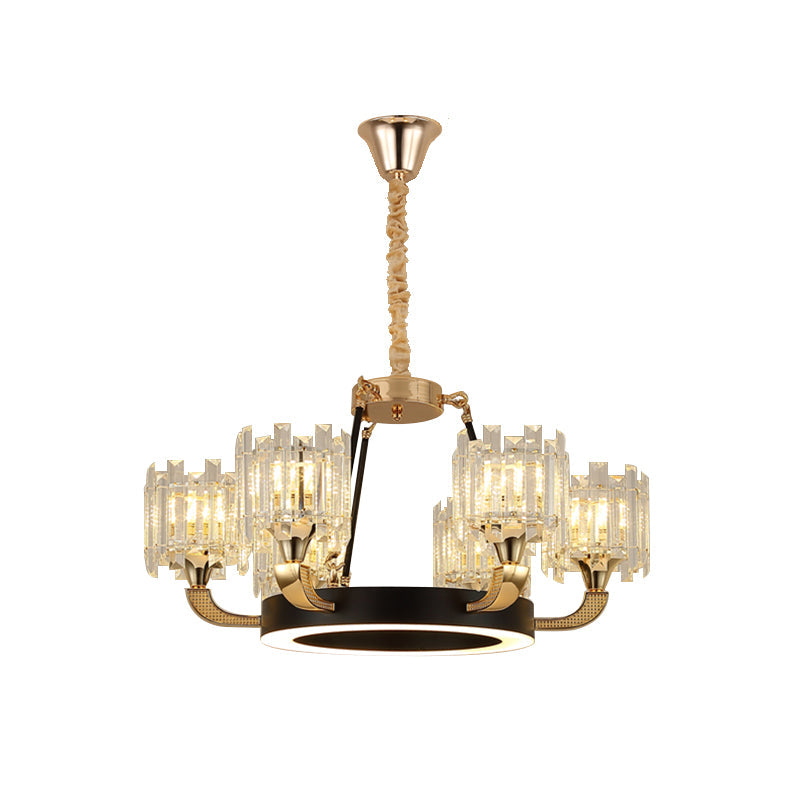 Metal Ring Hanging Chandelier Modern 6/8-Bulb Living Room Pendant Light Fixture in Black and Gold with Round Crystal Sade Clearhalo 'Ceiling Lights' 'Chandeliers' 'Modern Chandeliers' 'Modern' Lighting' 757739