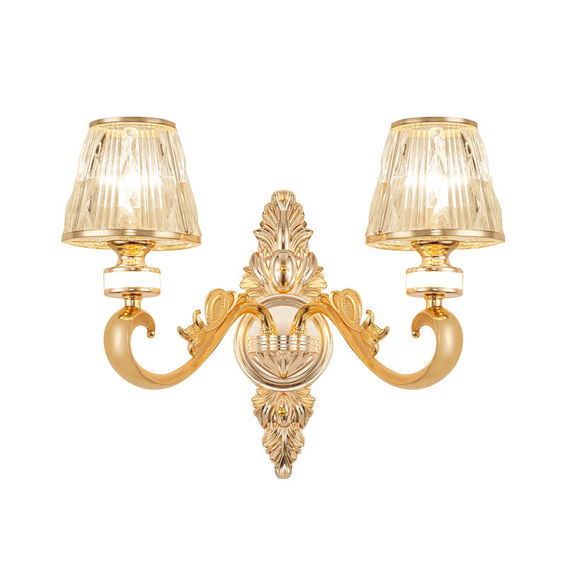 1/2-Head Wall Sconce Modern Bedside Wall Light Fixture with Cone Crystal Shade in Gold Clearhalo 'Cast Iron' 'Glass' 'Industrial' 'Modern wall lights' 'Modern' 'Tiffany' 'Traditional wall lights' 'Wall Lamps & Sconces' 'Wall Lights' Lighting' 757793