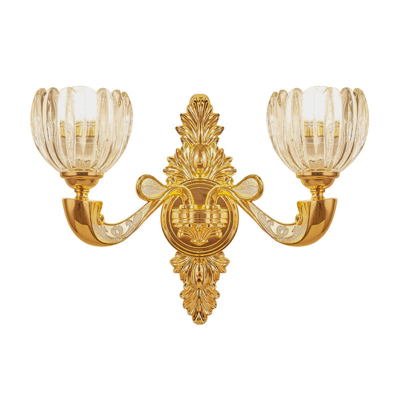 Beveled Crystal Dome Sconce Light Modernism 1/2-Bulb Bedroom Wall Mounted Lamp Fixture in Gold Clearhalo 'Cast Iron' 'Glass' 'Industrial' 'Modern wall lights' 'Modern' 'Tiffany' 'Traditional wall lights' 'Wall Lamps & Sconces' 'Wall Lights' Lighting' 757802