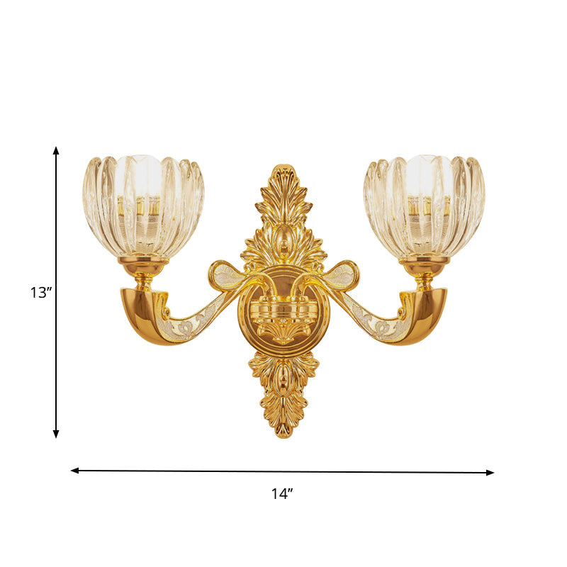 Beveled Crystal Dome Sconce Light Modernism 1/2-Bulb Bedroom Wall Mounted Lamp Fixture in Gold Clearhalo 'Cast Iron' 'Glass' 'Industrial' 'Modern wall lights' 'Modern' 'Tiffany' 'Traditional wall lights' 'Wall Lamps & Sconces' 'Wall Lights' Lighting' 757803