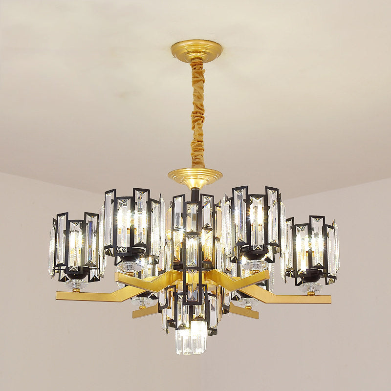 Cylinder Crystal Rectangle Pendant Modernism 4/7 Lights Living Room Chandelier Lamp Fixture in Black and Gold Clearhalo 'Ceiling Lights' 'Chandeliers' 'Modern Chandeliers' 'Modern' Lighting' 757829
