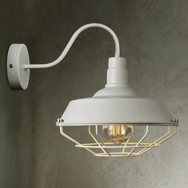 10"/14" W 1 Head Caged Sconce Light with Barn Shade and Gooseneck Arm Iron Restaurant Wall Mount Light in Black/White Clearhalo 'Art deco wall lights' 'Cast Iron' 'Glass' 'Industrial wall lights' 'Industrial' 'Middle century wall lights' 'Modern' 'Rustic wall lights' 'Tiffany' 'Traditional wall lights' 'Wall Lamps & Sconces' 'Wall Lights' Lighting' 758269