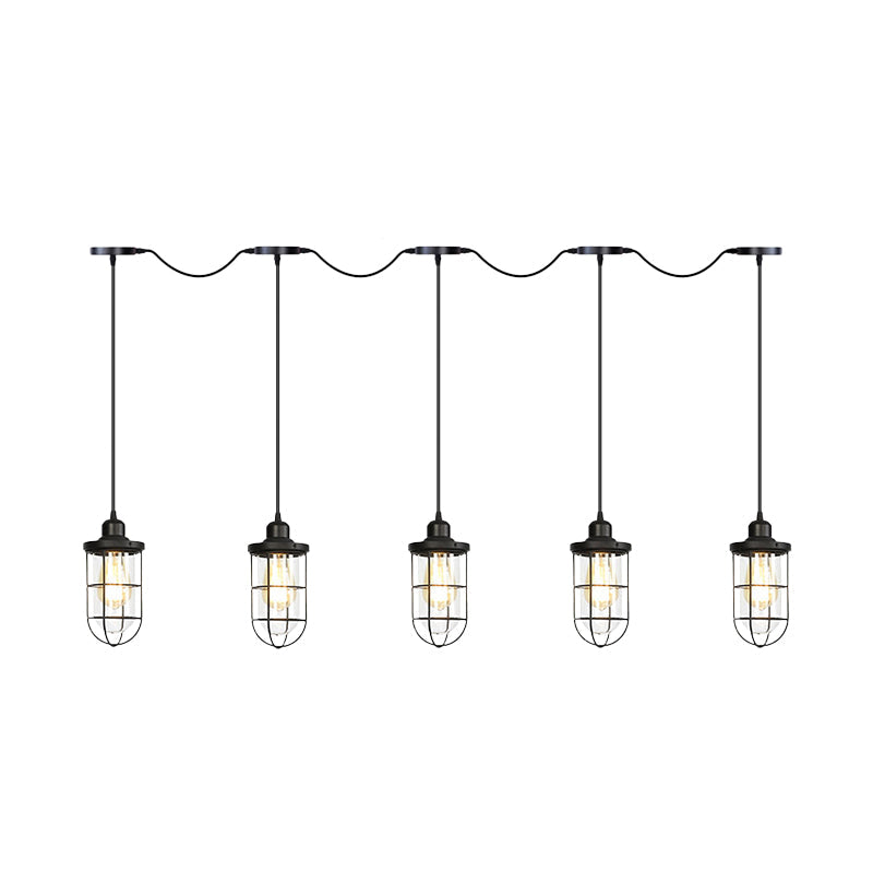 Black 3/5/7 Heads Multi Light Chandelier Farmhouse Clear Glass Cage Tandem Ceiling Lamp Clearhalo 'Ceiling Lights' 'Close To Ceiling Lights' 'Glass shade' 'Glass' 'Industrial Pendants' 'Industrial' 'Middle Century Pendants' 'Pendant Lights' 'Pendants' 'Tiffany' Lighting' 758709