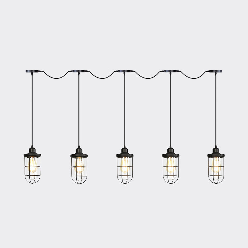 Black 3/5/7 Heads Multi Light Chandelier Farmhouse Clear Glass Cage Tandem Ceiling Lamp Clearhalo 'Ceiling Lights' 'Close To Ceiling Lights' 'Glass shade' 'Glass' 'Industrial Pendants' 'Industrial' 'Middle Century Pendants' 'Pendant Lights' 'Pendants' 'Tiffany' Lighting' 758710