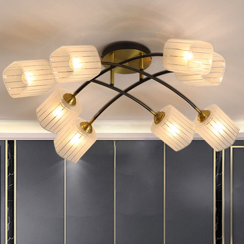 Brass Cuboid Semi-Flush Ceiling Light Post Modern 6/8-Light Frosted Glass Flush Mounted Lamp 8 Brass Clearhalo 'Ceiling Lights' 'Close To Ceiling Lights' 'Close to ceiling' 'Glass shade' 'Glass' 'Island Lights' 'Semi-flushmount' Lighting' 758857