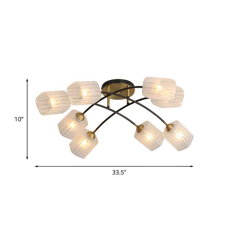 Brass Cuboid Semi-Flush Ceiling Light Post Modern 6/8-Light Frosted Glass Flush Mounted Lamp Clearhalo 'Ceiling Lights' 'Close To Ceiling Lights' 'Close to ceiling' 'Glass shade' 'Glass' 'Island Lights' 'Semi-flushmount' Lighting' 758861