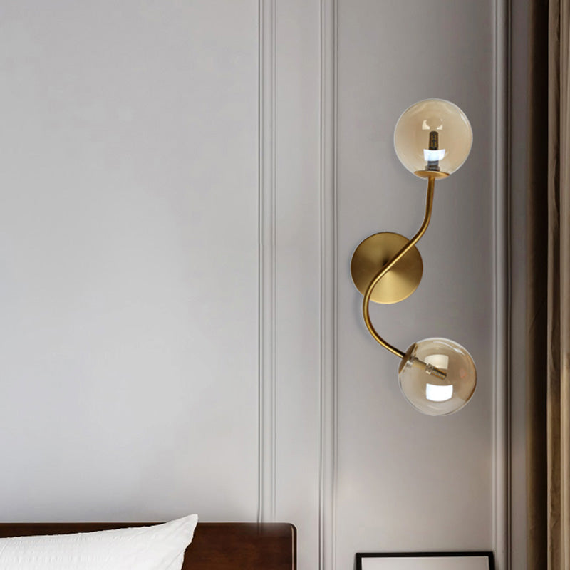Ball Stairway Wall Mount Light Clear/Tan Glass 2-Light Post Modern LED Wall Lamp Sconce in Brass Clearhalo 'Cast Iron' 'Glass' 'Industrial' 'Modern wall lights' 'Modern' 'Tiffany' 'Traditional wall lights' 'Wall Lamps & Sconces' 'Wall Lights' Lighting' 758923