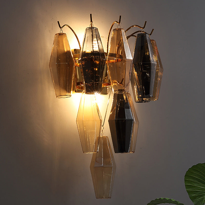 3-Tier Diamond Wall Lighting Modernist Amber/Smoke Gray/Grey and Yellow Glass 7-Light Living Room Wall Mounted Lamp Gray-Yellow Clearhalo 'Cast Iron' 'Glass' 'Industrial' 'Modern wall lights' 'Modern' 'Tiffany' 'Traditional wall lights' 'Wall Lamps & Sconces' 'Wall Lights' Lighting' 758957