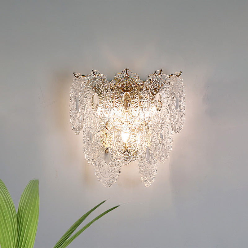 3 Layers Panel LED Sconce Lighting Contemporary Clear Carved Glass 3 Lights Corner Wall Lamp Fixture Clear Clearhalo 'Cast Iron' 'Glass' 'Industrial' 'Modern wall lights' 'Modern' 'Tiffany' 'Traditional wall lights' 'Wall Lamps & Sconces' 'Wall Lights' Lighting' 758981