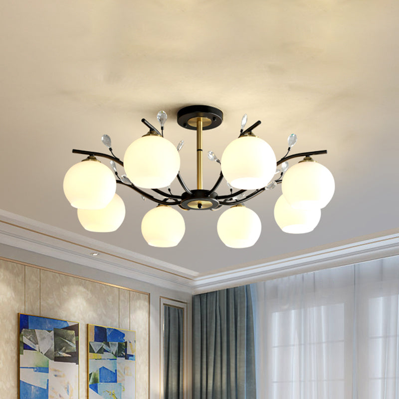 Cream/Clear Glass Global Semi Flush Mount Modernist 8-Bulb Black and Gold Flush Ceiling Light with Crystal Accent Cream Clearhalo 'Ceiling Lights' 'Close To Ceiling Lights' 'Close to ceiling' 'Glass shade' 'Glass' 'Island Lights' 'Semi-flushmount' Lighting' 759114