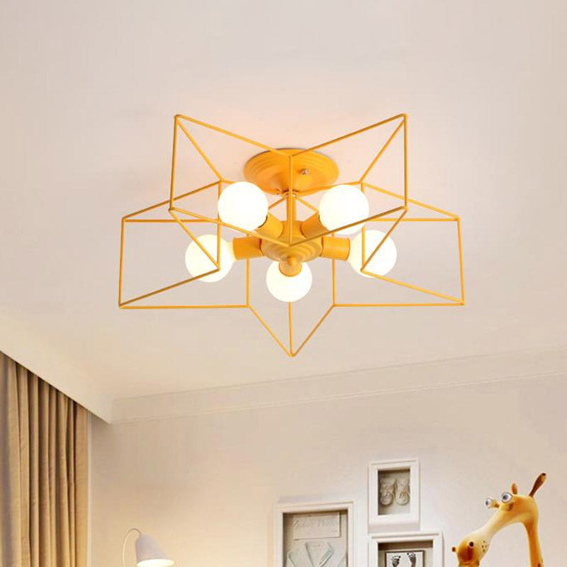 Pentacle Frame Iron Flush Mount Light Kids 5-Bulb Pink/Grey/Blue Semi Flush Ceiling Light for Baby Room Yellow Clearhalo 'Ceiling Lights' 'Close To Ceiling Lights' 'Close to ceiling' 'Semi-flushmount' Lighting' 759385