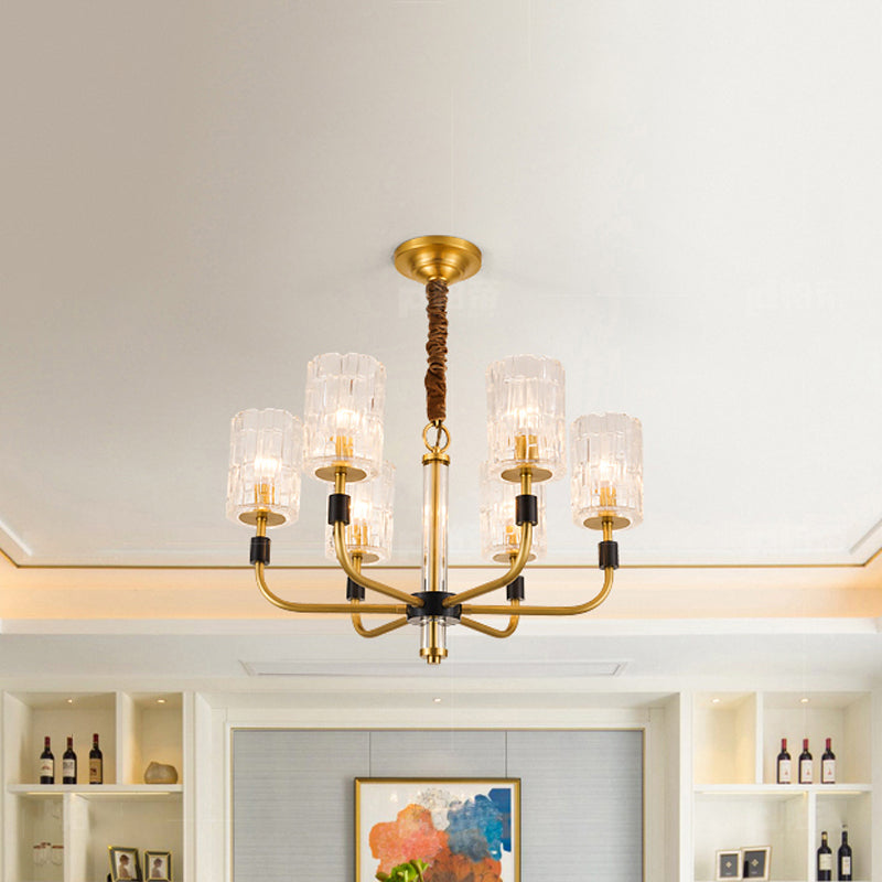 Brass 3/6 Lights Chandelier Lighting Minimalism Crystal Block Cylindrical Ceiling Pendant Lamp 6 Brass Clearhalo 'Ceiling Lights' 'Chandeliers' 'Modern Chandeliers' 'Modern' Lighting' 759535