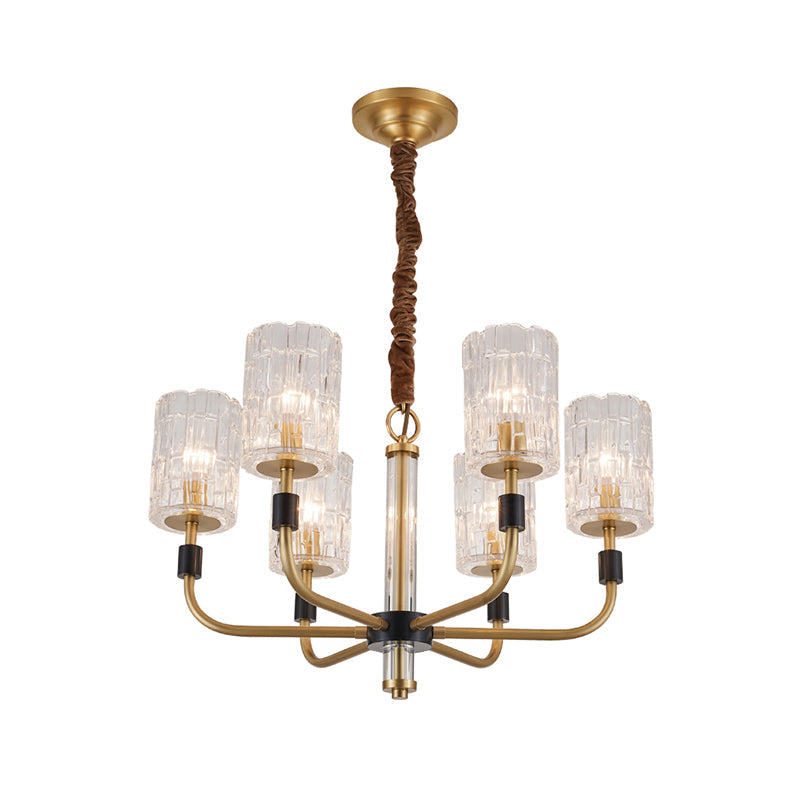 Brass 3/6 Lights Chandelier Lighting Minimalism Crystal Block Cylindrical Ceiling Pendant Lamp Clearhalo 'Ceiling Lights' 'Chandeliers' 'Modern Chandeliers' 'Modern' Lighting' 759537