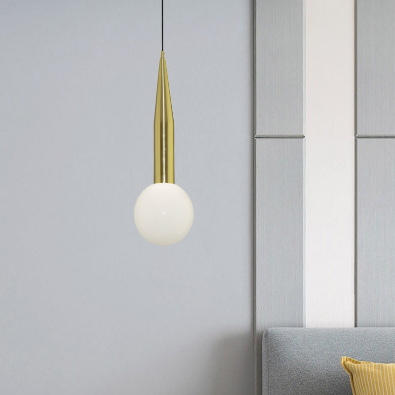Tapering Bedside Pendant Light Kit Metallic Single Postmodern Style Hanging Lamp in Gold with Ball Milk Glass Shade Gold Clearhalo 'Ceiling Lights' 'Chandeliers' 'Glass shade' 'Glass' 'Modern Pendants' 'Modern' 'Pendant Lights' 'Pendants' Lighting' 759707