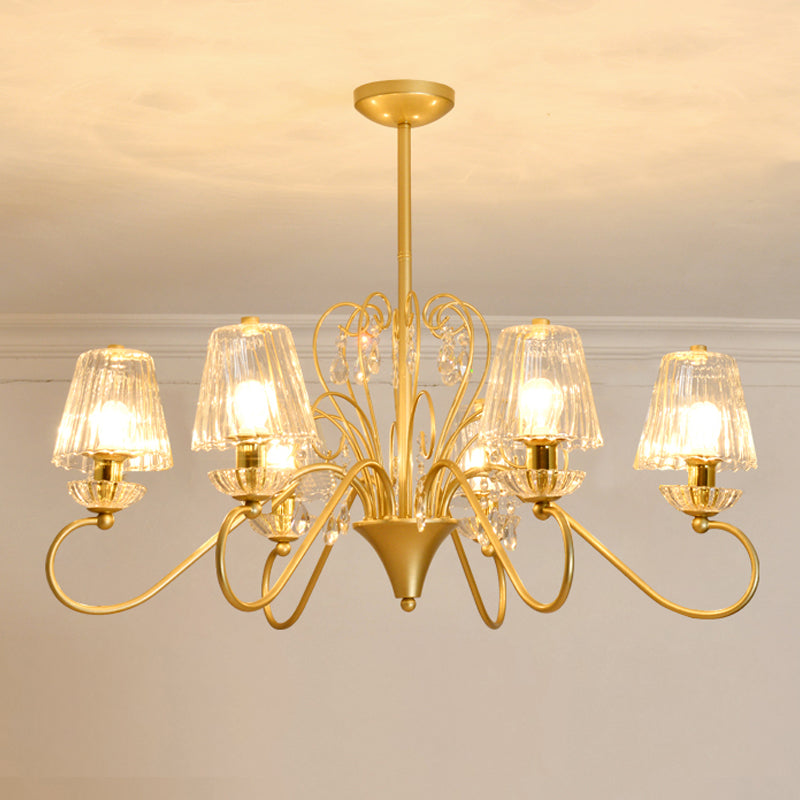 6/8-Light Pendant Chandelier Contemporary Cone Shade Ribbed Crystal Suspension Lamp with Swirl Arm in Black-Gold/Gold 6 Gold Clearhalo 'Ceiling Lights' 'Chandeliers' 'Modern Chandeliers' 'Modern' Lighting' 759770