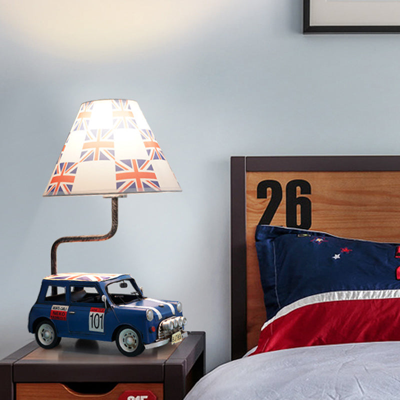 Kids Jeep Car Iron Nightstand Lamp 1 Head Table Light in Yellow/Blue with Cross Fabric Empire Shade Blue Clearhalo 'Lamps' 'Table Lamps' Lighting' 760488