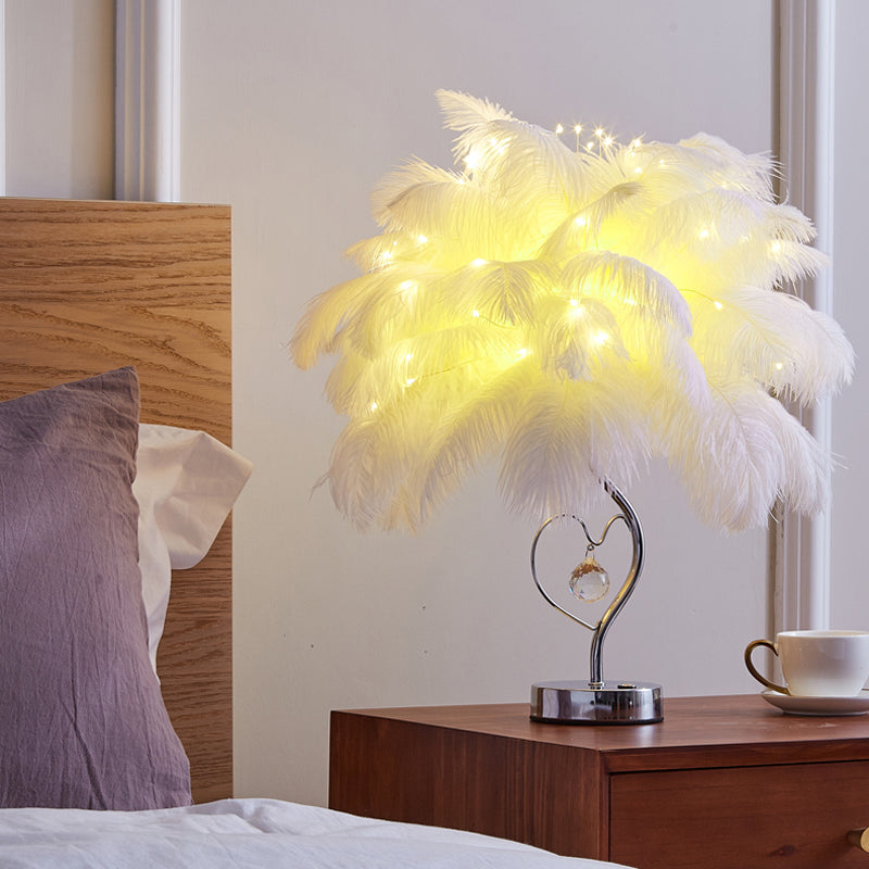 Palm Tree Feather Table Lighting Modern Romantic Pink/White LED Nightstand Lamp with K9 Crystal Drop Clearhalo 'Lamps' 'Table Lamps' Lighting' 760518