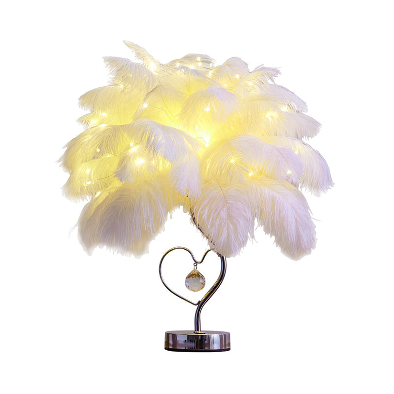 Palm Tree Feather Table Lighting Modern Romantic Pink/White LED Nightstand Lamp with K9 Crystal Drop Clearhalo 'Lamps' 'Table Lamps' Lighting' 760519