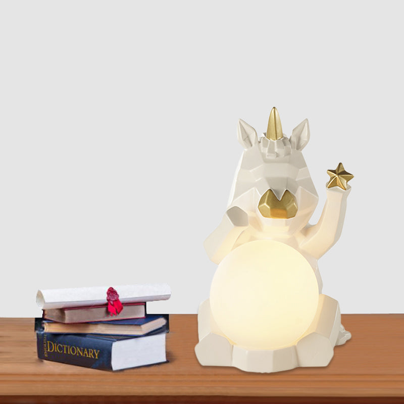 Cartoon Dog/Rabbit/Unicorn Night Light Resin LED Bedroom Table Lamp in Pink/Black/Grey with Globe Opal Glass Shade Clearhalo 'Lamps' 'Table Lamps' Lighting' 760572
