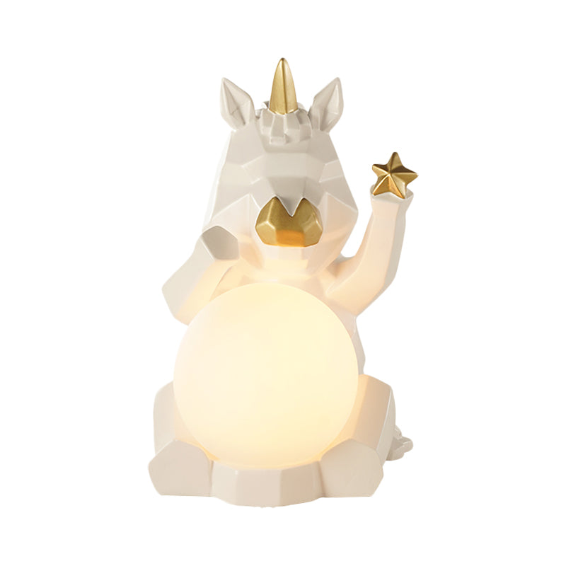 Cartoon Dog/Rabbit/Unicorn Night Light Resin LED Bedroom Table Lamp in Pink/Black/Grey with Globe Opal Glass Shade Clearhalo 'Lamps' 'Table Lamps' Lighting' 760574