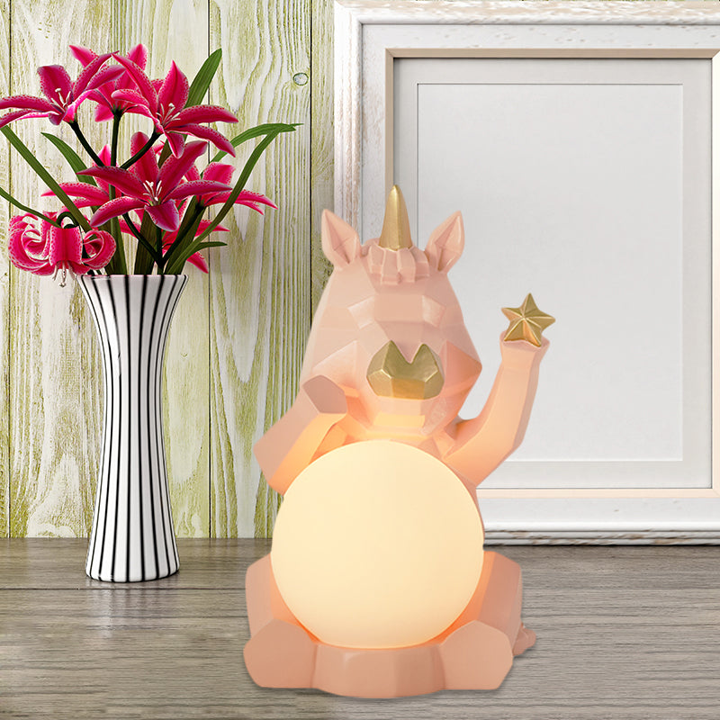 Cartoon Dog/Rabbit/Unicorn Night Light Resin LED Bedroom Table Lamp in Pink/Black/Grey with Globe Opal Glass Shade Clearhalo 'Lamps' 'Table Lamps' Lighting' 760576
