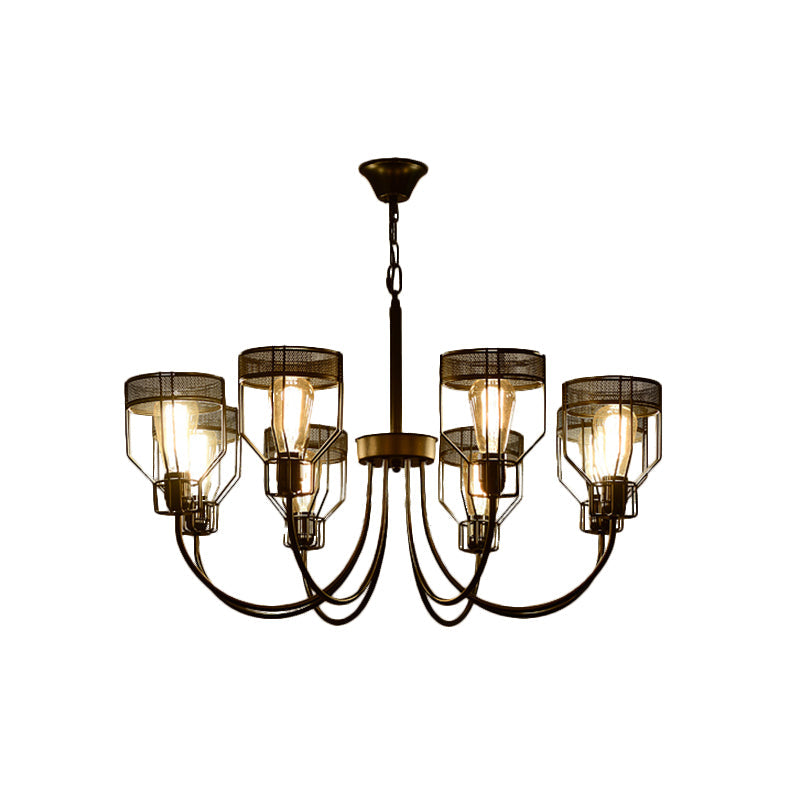 Iron Black Pendant Chandelier Caged 6/8/12 Heads Farmhouse Suspension Lamp with Curved Arm Clearhalo 'Cast Iron' 'Ceiling Lights' 'Chandeliers' 'Industrial Chandeliers' 'Industrial' 'Metal' 'Middle Century Chandeliers' 'Rustic Chandeliers' 'Tiffany' Lighting' 760741