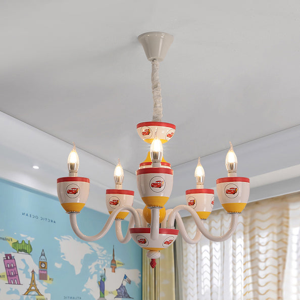 Cartoon Blameless Candle Chandelier with Car Glass 6 Lights Hanging Light for Boys Girls Bedroom White Clearhalo 'Ceiling Lights' 'Chandeliers' Lighting' options 76110_0a915e2a-0206-4adc-8c24-ef814b3a331d