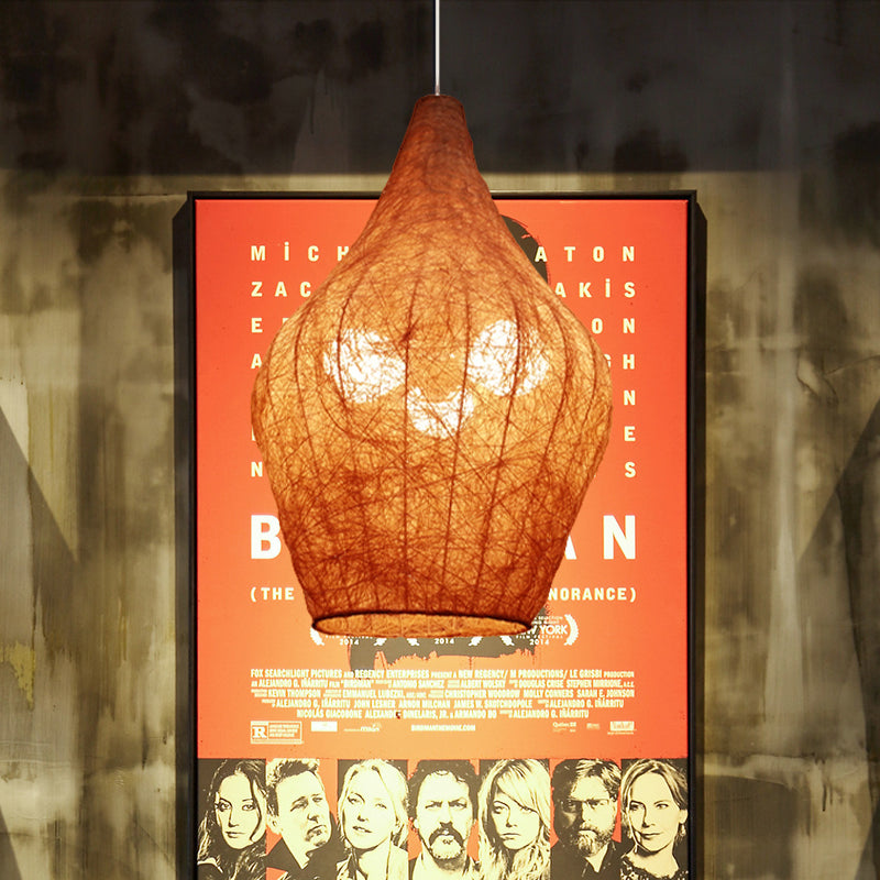 1 Bulb Bedroom Pendulum Lighting Asian Light Yellow Hanging Chandelier with Urn Rattan Shade Clearhalo 'Ceiling Lights' 'Chandeliers' Lighting' options 762585